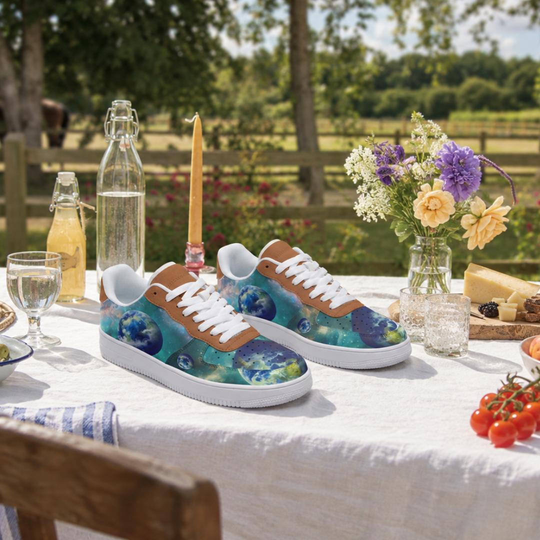 Planet Earth Pattern Court Sneakers on a al-fresco lunch table