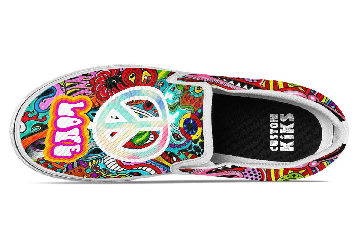 Peace Sneakers: Psychedelic Illustration Slip On Sneakers display picture 3