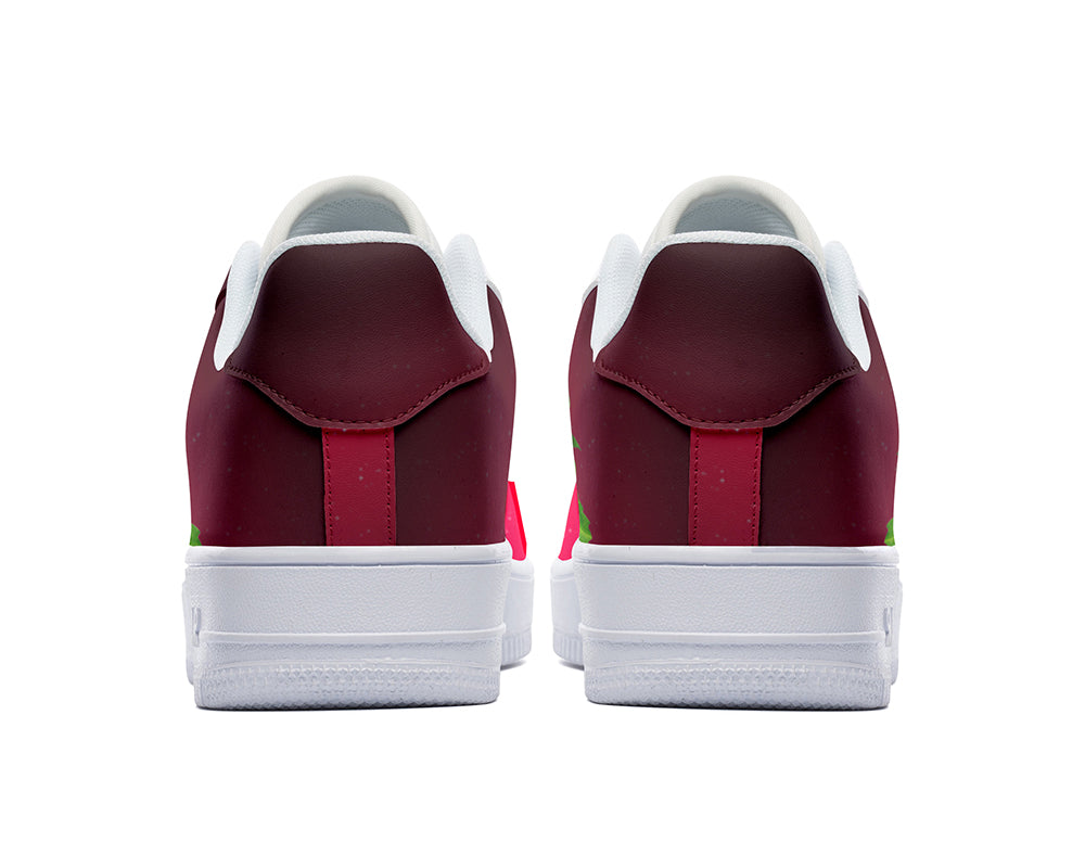 Custom Kiks red sneaker with a strawberry design