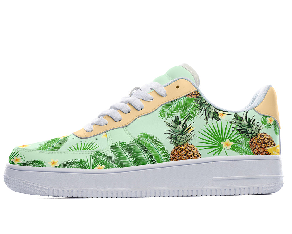 Custom Kiks Sneakers with tropical pattern featuring pineapples and palm leaves on a beige background