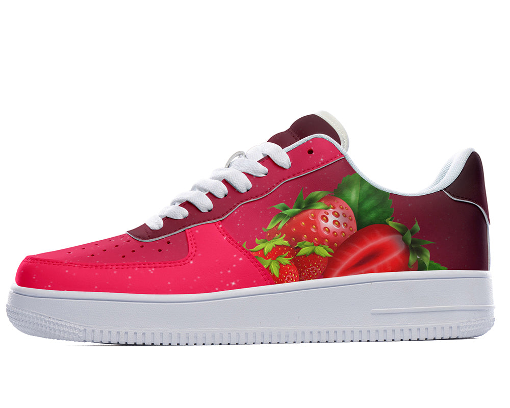 Custom Kiks red sneaker with a strawberry design