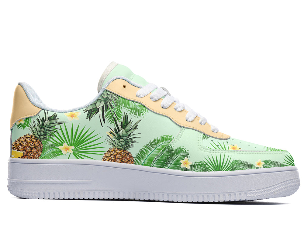 Custom Kiks Sneakers with tropical pattern featuring pineapples and palm leaves on a beige background
