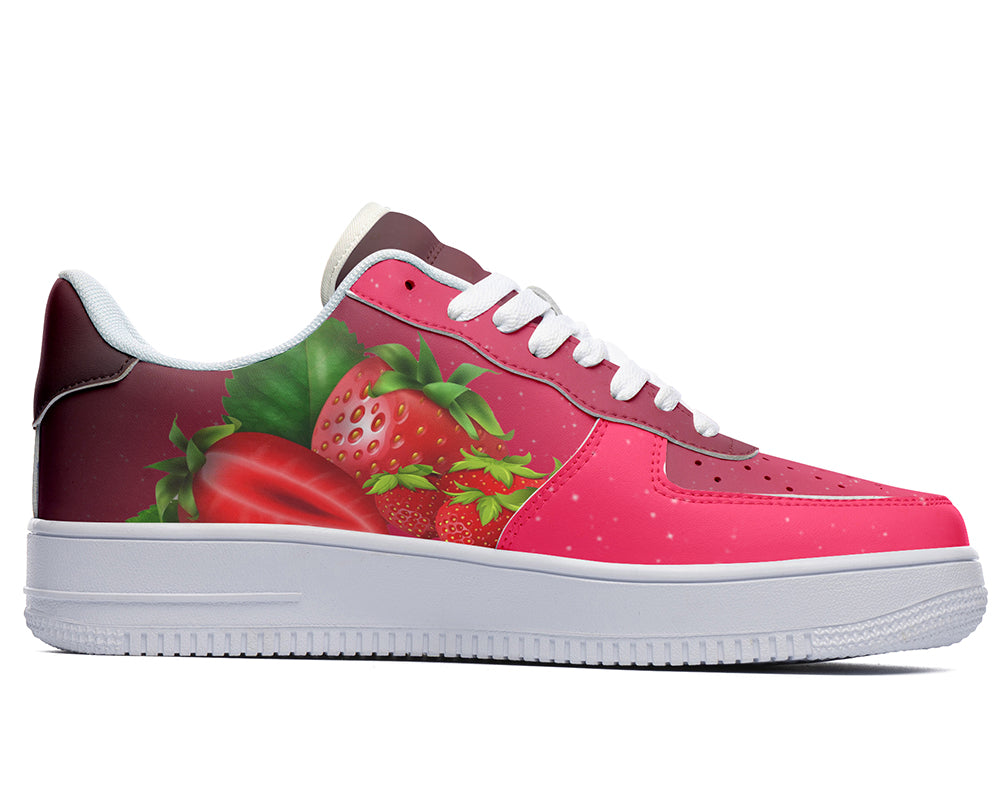 Custom Kiks red sneaker with a strawberry design