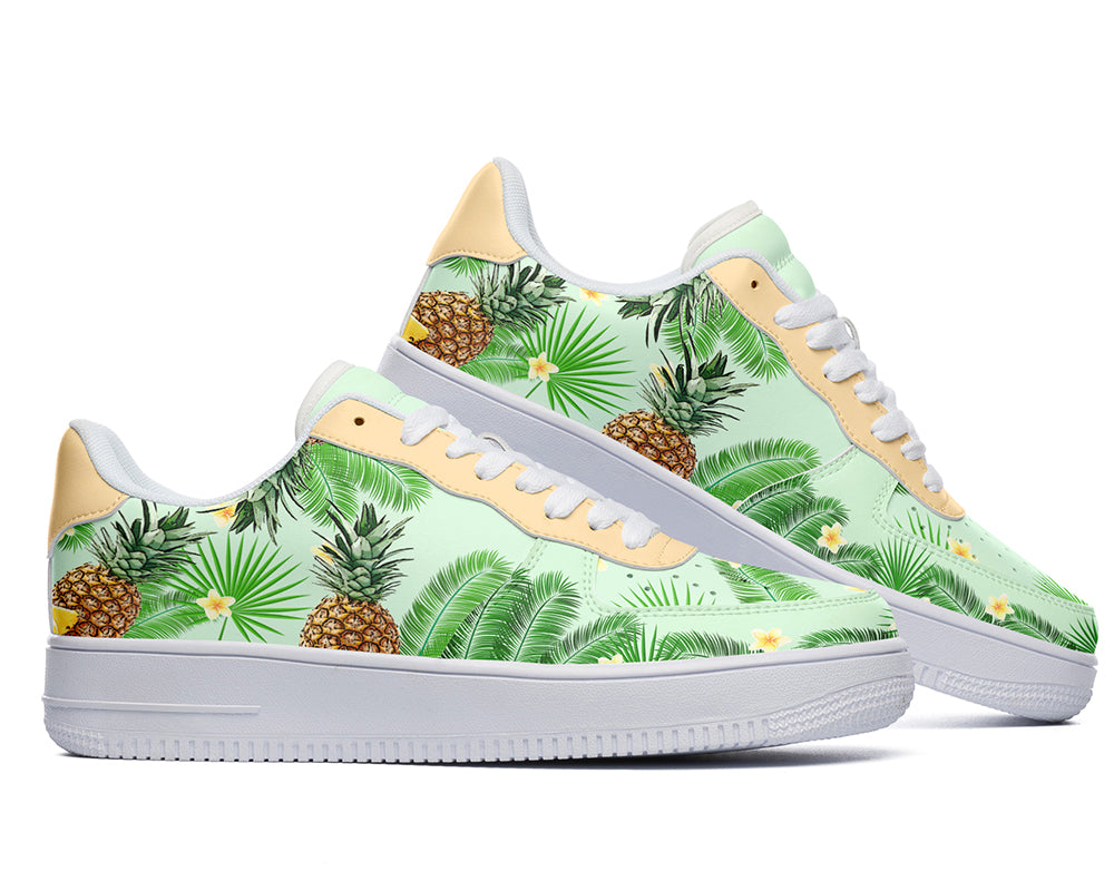 Custom Kiks Sneakers with tropical pattern featuring pineapples and palm leaves on a beige background