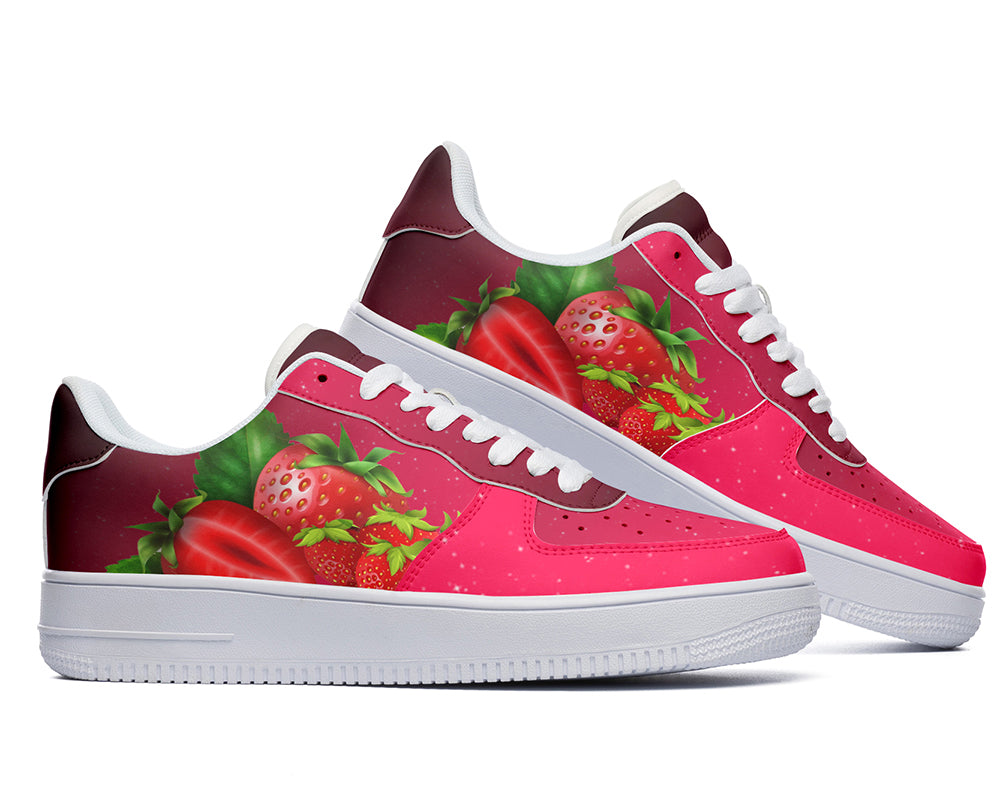 Custom Kiks red sneaker with a strawberry design
