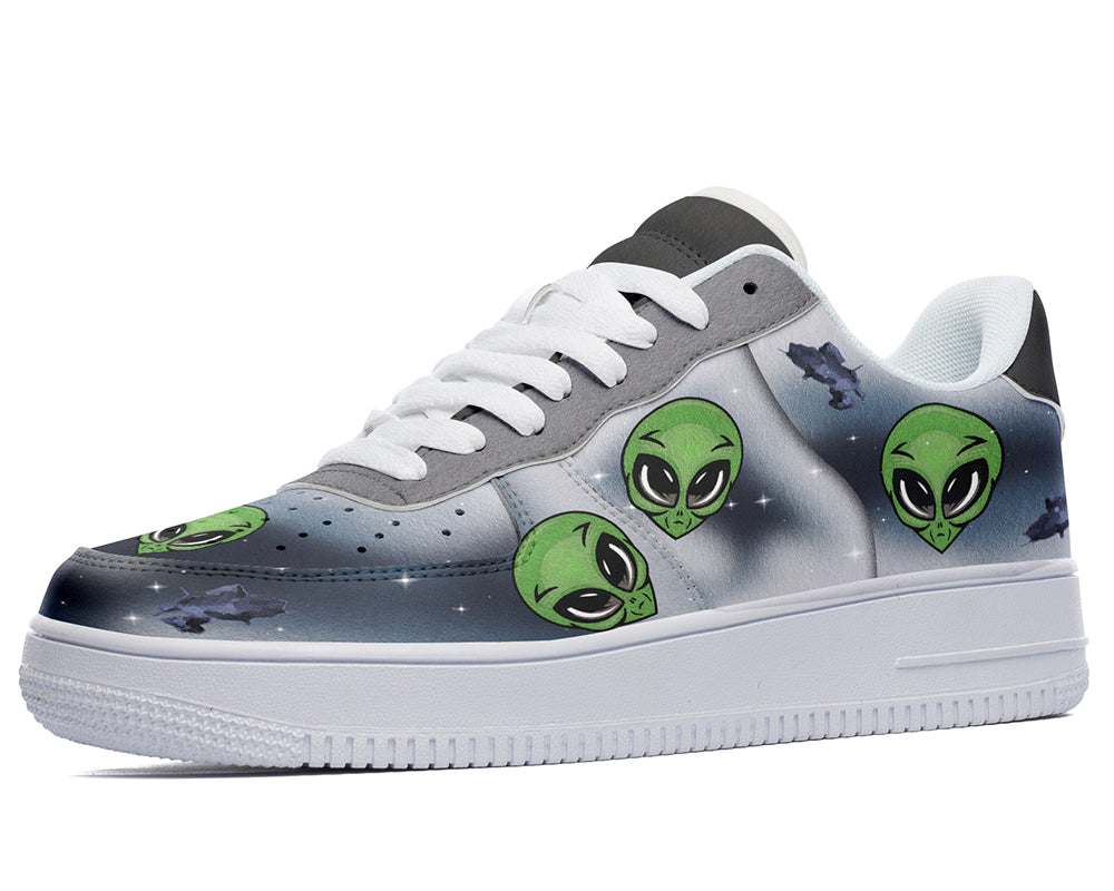 Alien Sneakers: Green Alien Pattern Court Sneakers
