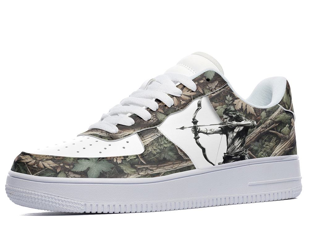 Court sneakers featuring an archer drawing a bow in a woodland forest setting with archery-inspired artwork.