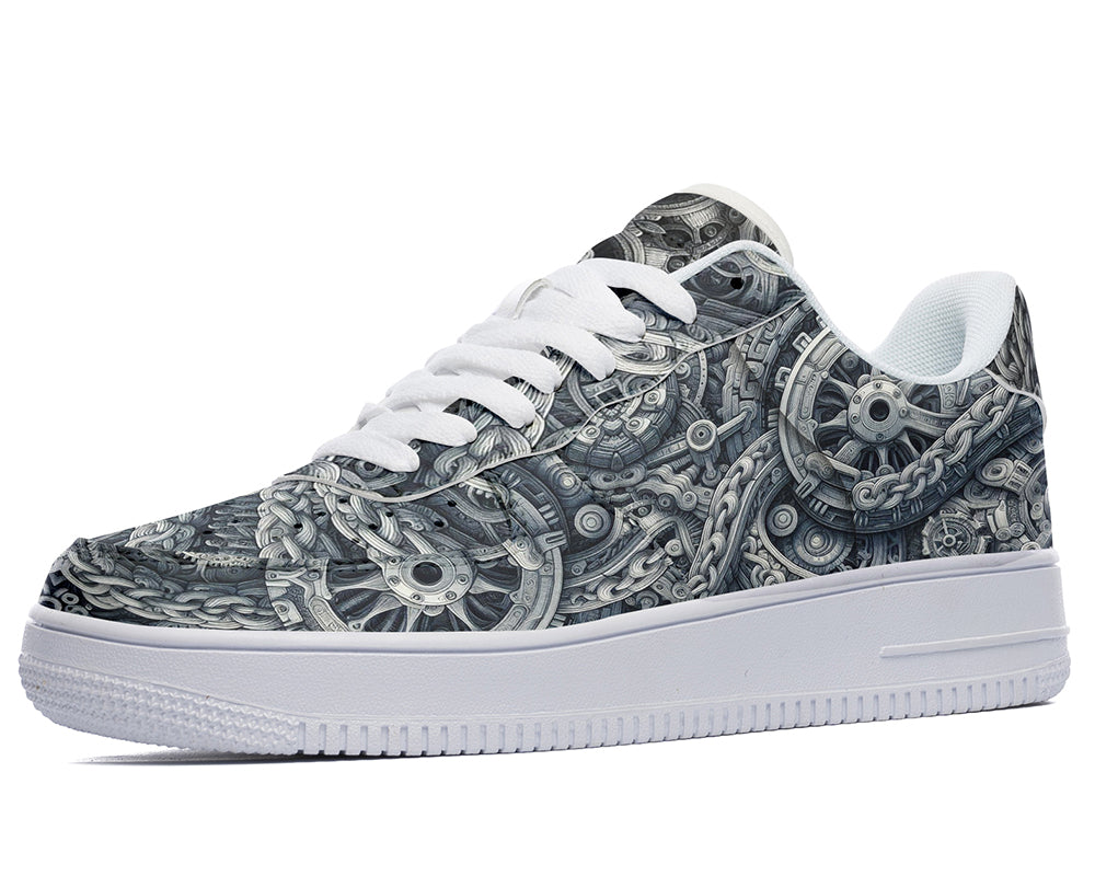 Gear Pattern Court Sneakers featuring intricate mechanical gears, industrial machinery artwork, and metallic steampunk-inspired design details in black, silver, and bronze tones.