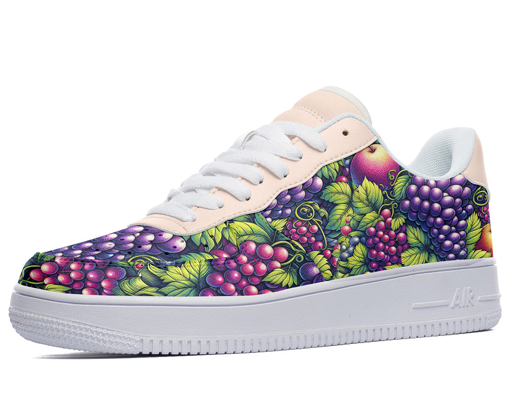 Custom Kiks sneakers with a grape print design on a white background and pink sole.