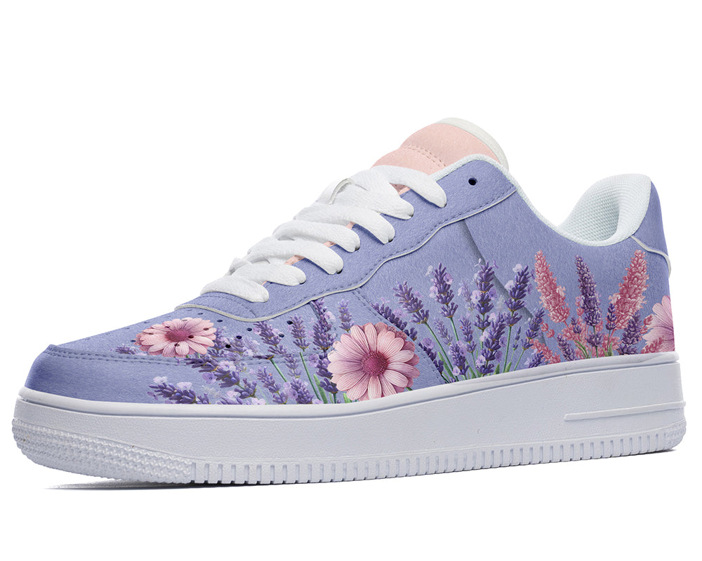 Lavender Sneakers: Lavender Flower Pattern Court Sneakers