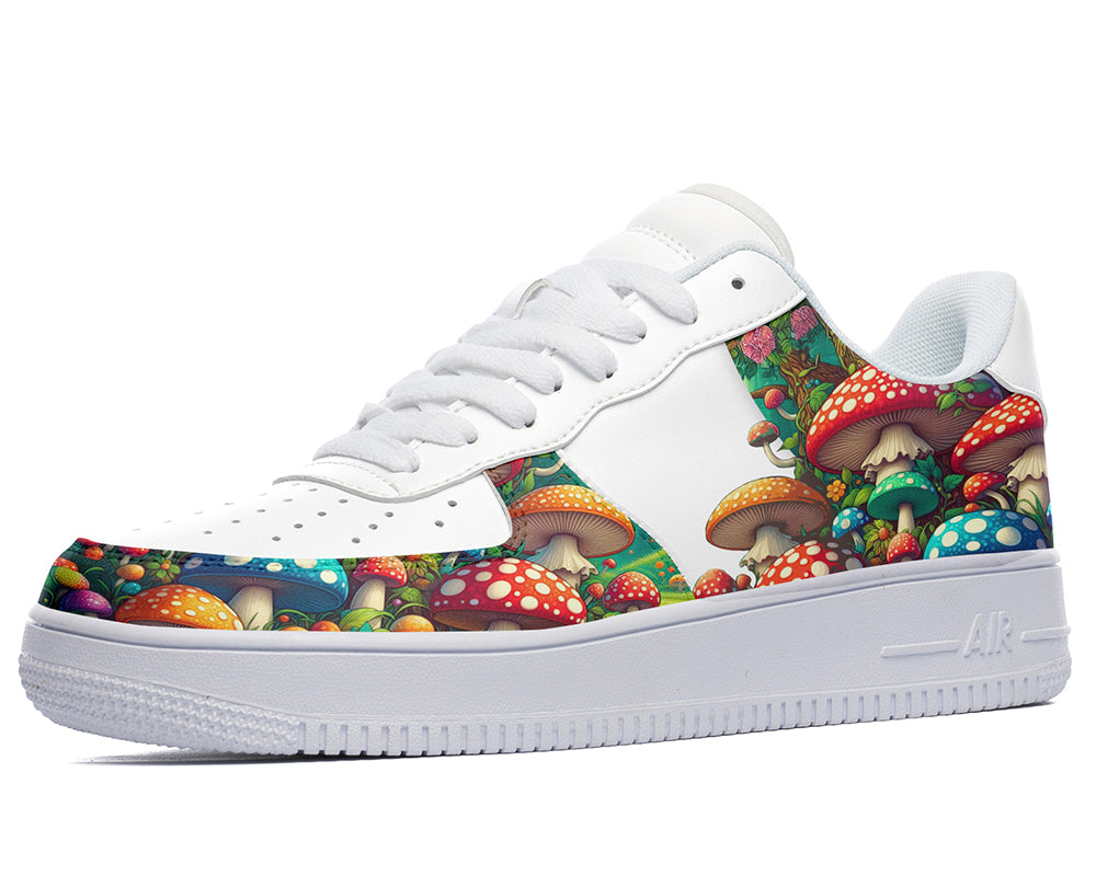 Custom Kicks white sneakers with a colorful wild mushroom design.
