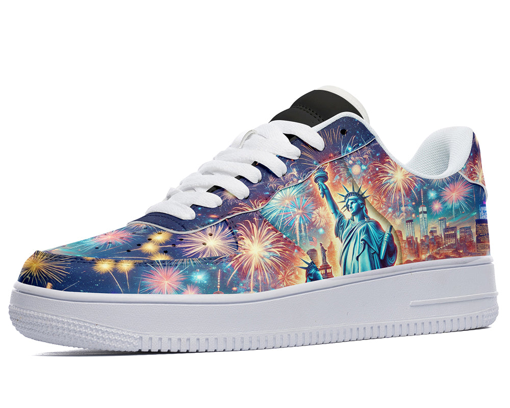 Court sneakers featuring the Statue of Liberty, New York City skyline, and colorful Fourth of July fireworks artwork