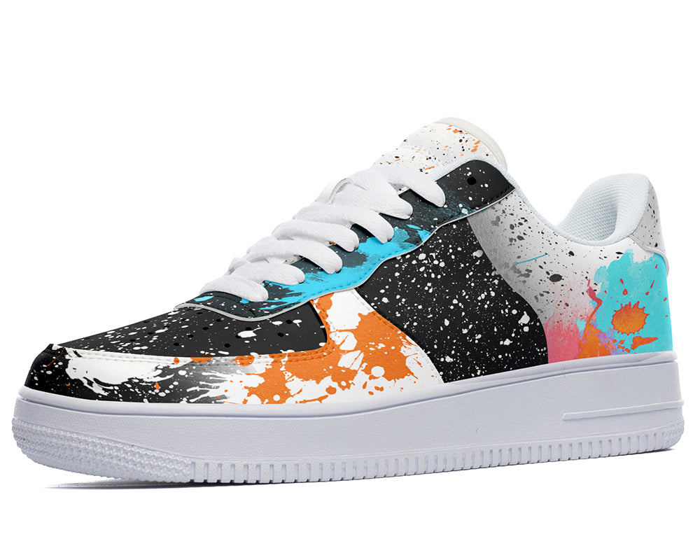 Court sneakers featuring an abstract paint splatter design with black, white, orange, and blue paint splash artwork.