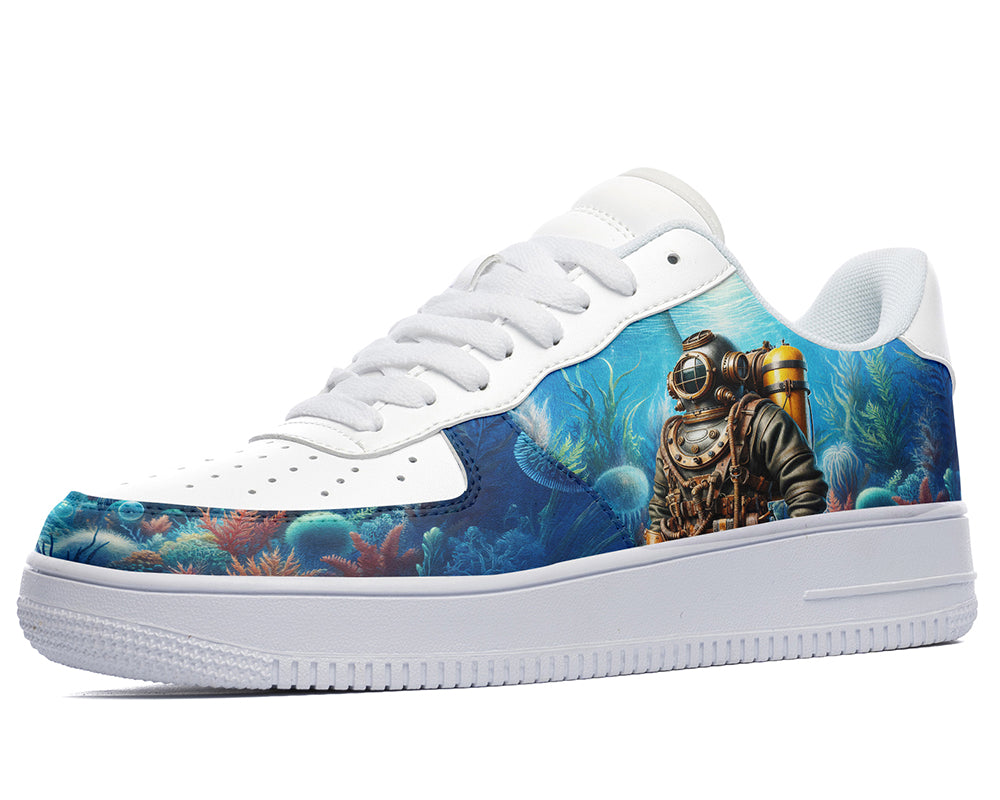 Court sneakers featuring a vintage scuba diver illustration exploring a colorful underwater coral reef and deep sea environment.