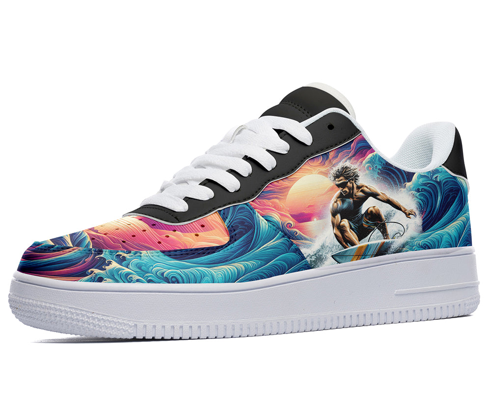Court sneakers featuring a surfer riding ocean waves at sunset with colorful surf art and tropical coastal imagery.