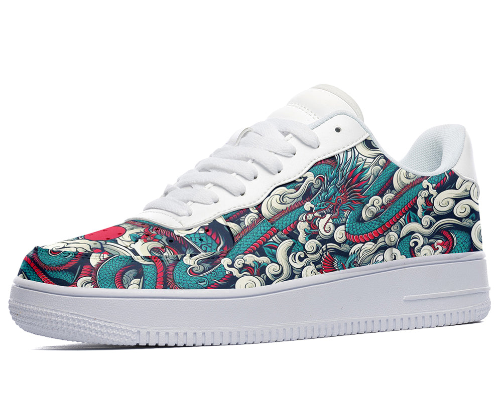 Court sneakers featuring a detailed rat illustration surrounded by ocean waves, clouds, and traditional Asian-inspired artwork in blue, teal, and orange tones.