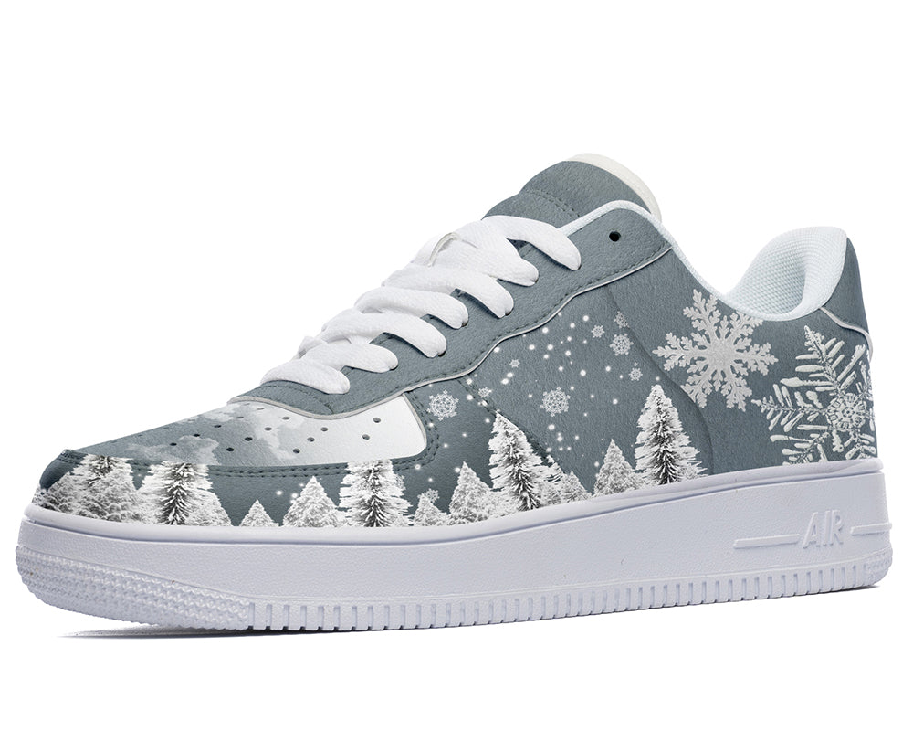 Gray sneakers with a winter-themed design featuring a snowy forest and snowflakes.