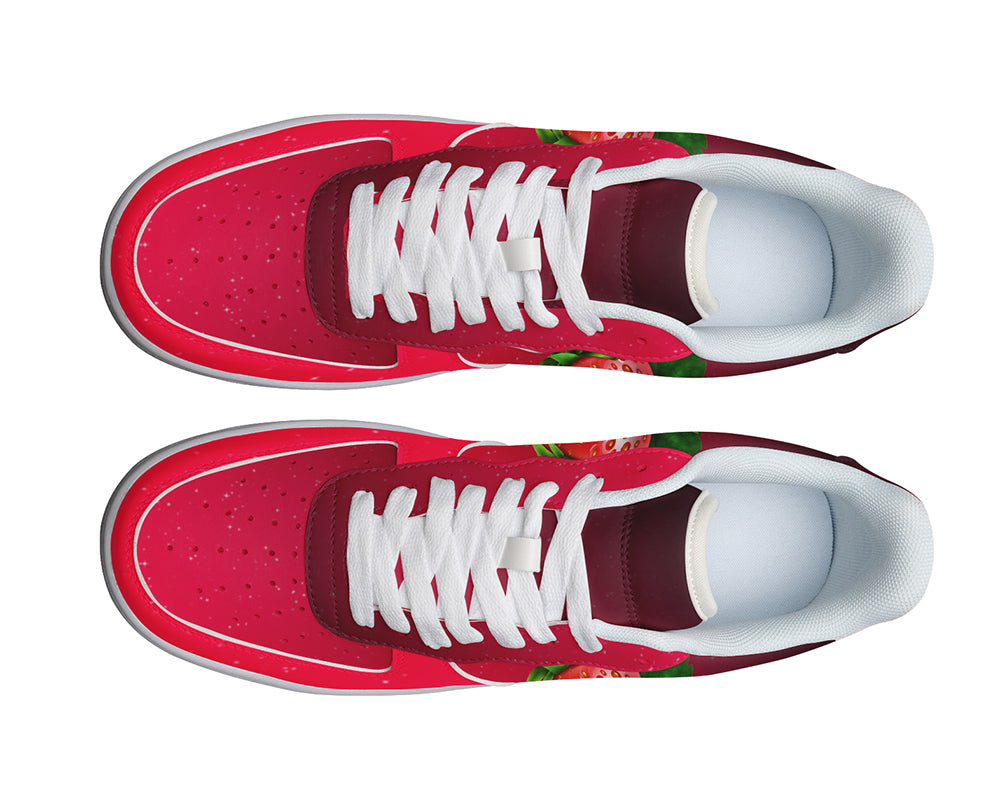 Custom Kiks red sneaker with a strawberry design