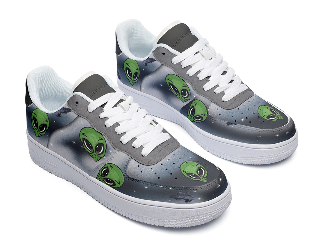 Alien Sneakers: Green Alien Pattern Court Sneakers