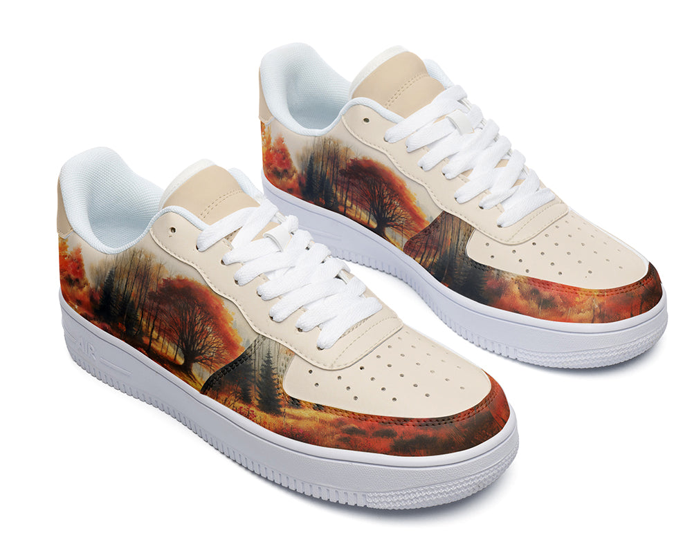 Custom Kiks White sneakers with a watercolor print of an autumn forest scene.