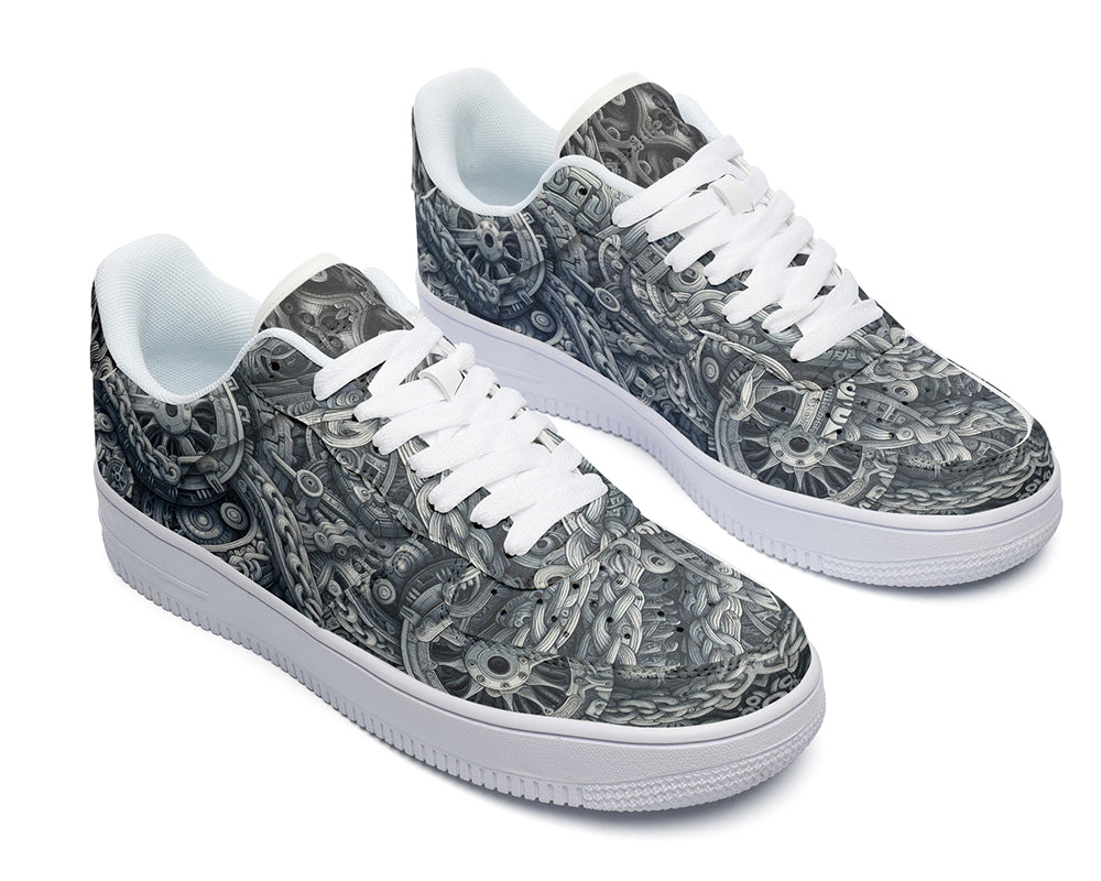 Gear Pattern Court Sneakers featuring intricate mechanical gears, industrial machinery artwork, and metallic steampunk-inspired design details in black, silver, and bronze tones.