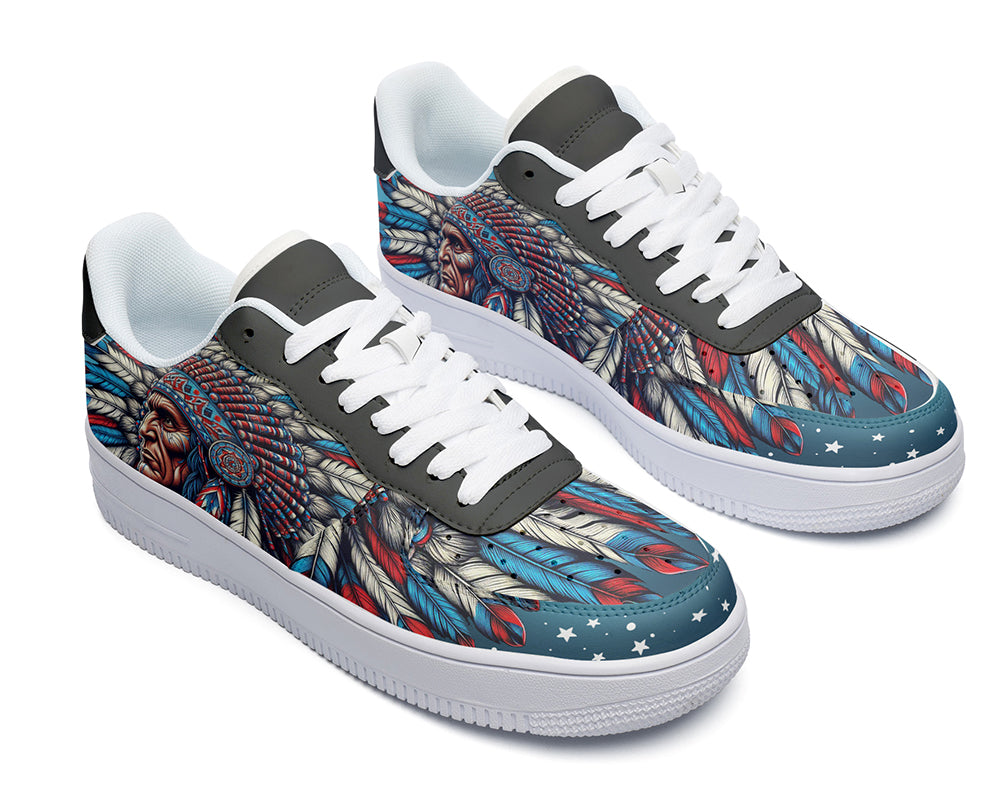 Native American inspired court sneakers featuring tribal heritage artwork with a colorful feather headdress illustration and cultural art details.