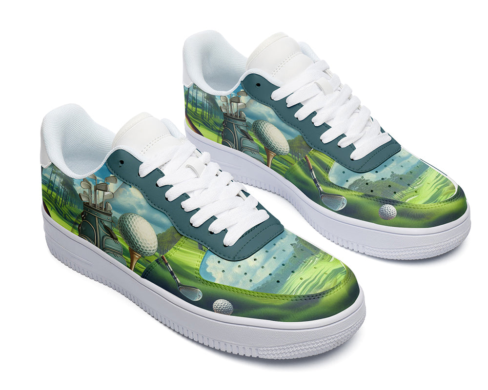 Court sneakers featuring a golf course illustration with golf clubs, golf balls, and fairway-inspired artwork.