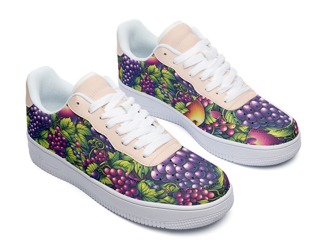 Custom Kiks sneakers with a grape print design on a white background and pink sole.