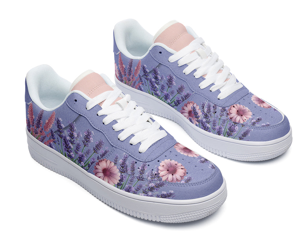 Lavender Sneakers: Lavender Flower Pattern Court Sneakers