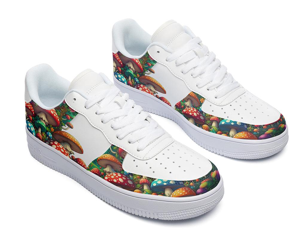 Custom Kicks white sneakers with a colorful wild mushroom design.