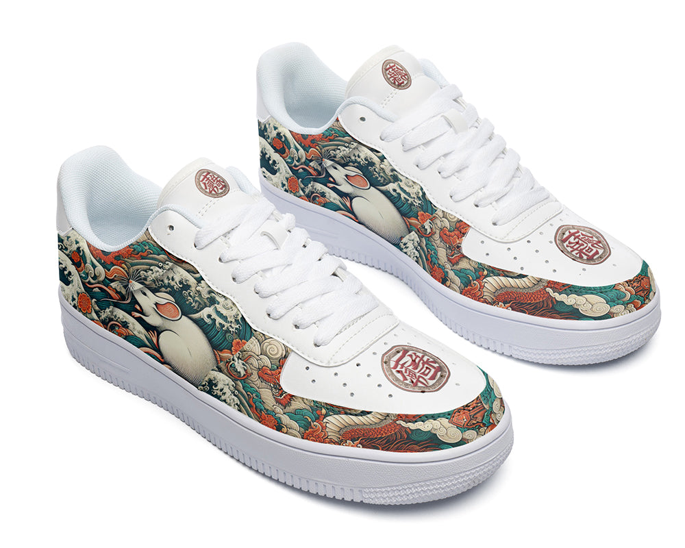 Court sneakers featuring a detailed rat illustration surrounded by ocean waves, clouds, and traditional Asian-inspired artwork in blue, teal, and orange tones.