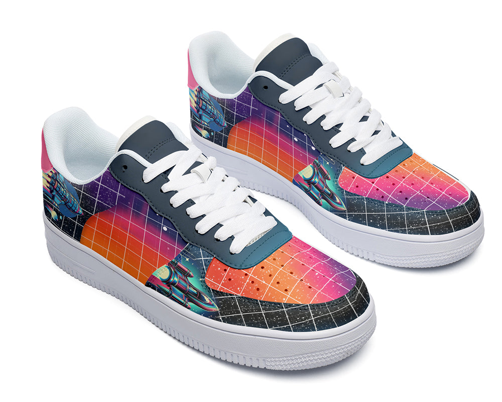 Retro sci-fi sneakers with synthwave space cruiser and wireframe grid graphics on a white court sole.