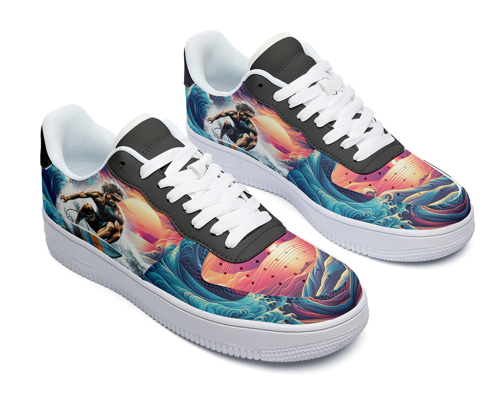 Court sneakers featuring a surfer riding ocean waves at sunset with colorful surf art and tropical coastal imagery.