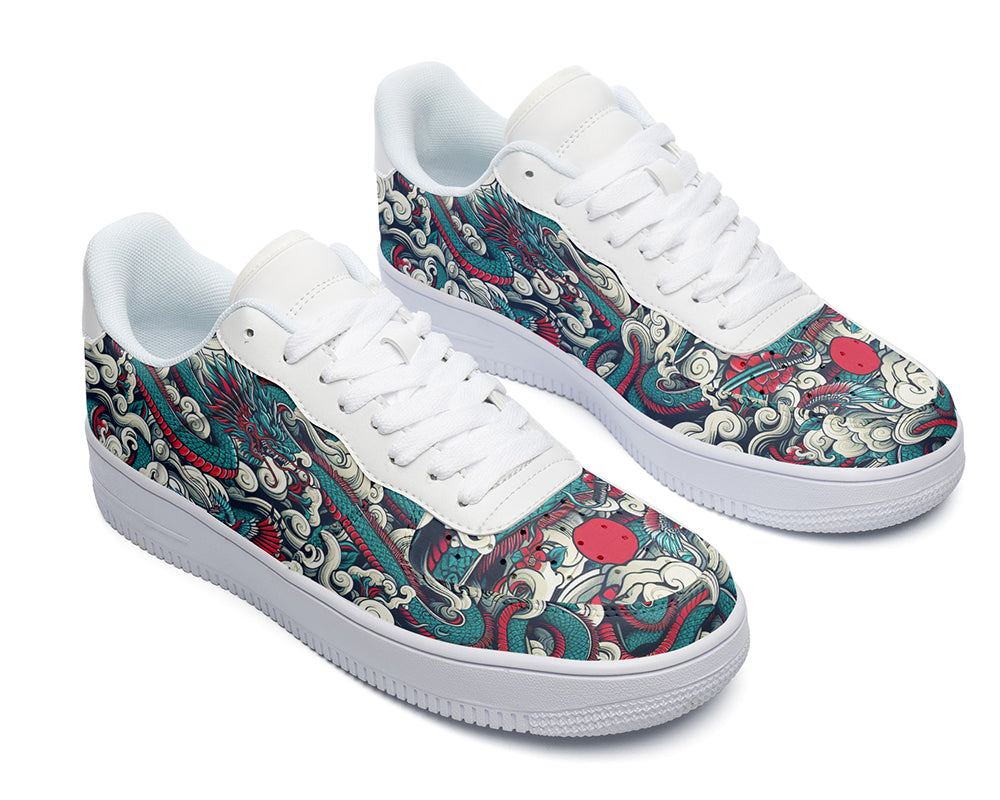 Dragon Court Sneakers featuring a detailed dragon illustration with swirling clouds and Asian-inspired art patterns.