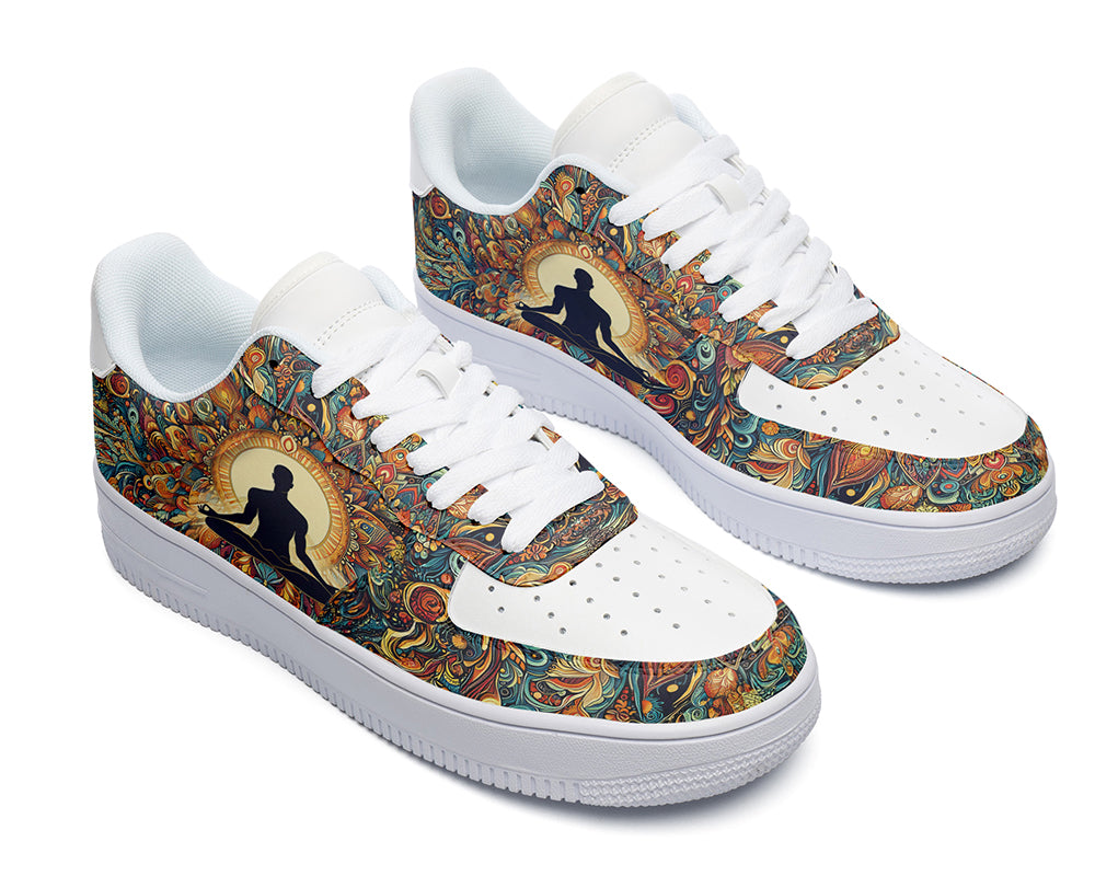 Court sneakers featuring a meditation silhouette surrounded by colorful mandala-inspired artwork and yoga-inspired design elements.