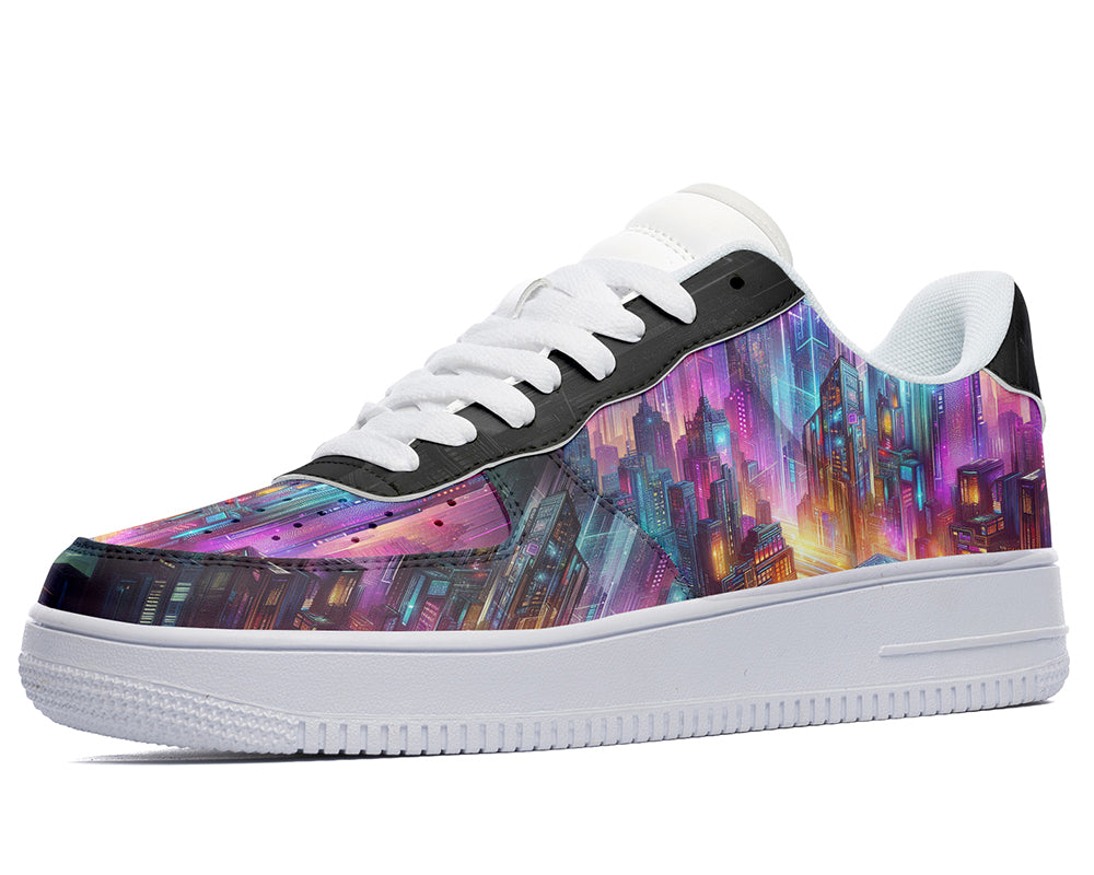 Neon City Court Sneakers featuring a futuristic skyline with colorful illuminated skyscrapers and sci-fi inspired cityscape artwork.