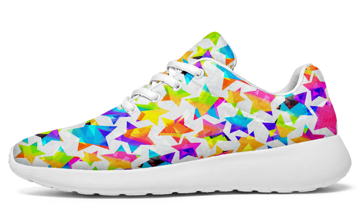 Sport shoes featuring colorful multicolor star patterns on a white background with bright geometric artwork.
