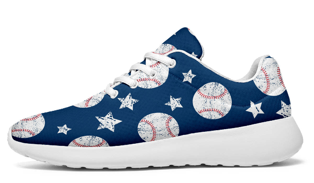 Sport shoes featuring white baseballs and stars on a blue background with vintage baseball-inspired artwork.