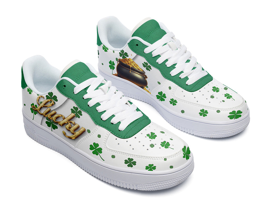 Saint Patrick Sneakers: Shamrock and Pot of Gold Illustration Court Sneakers