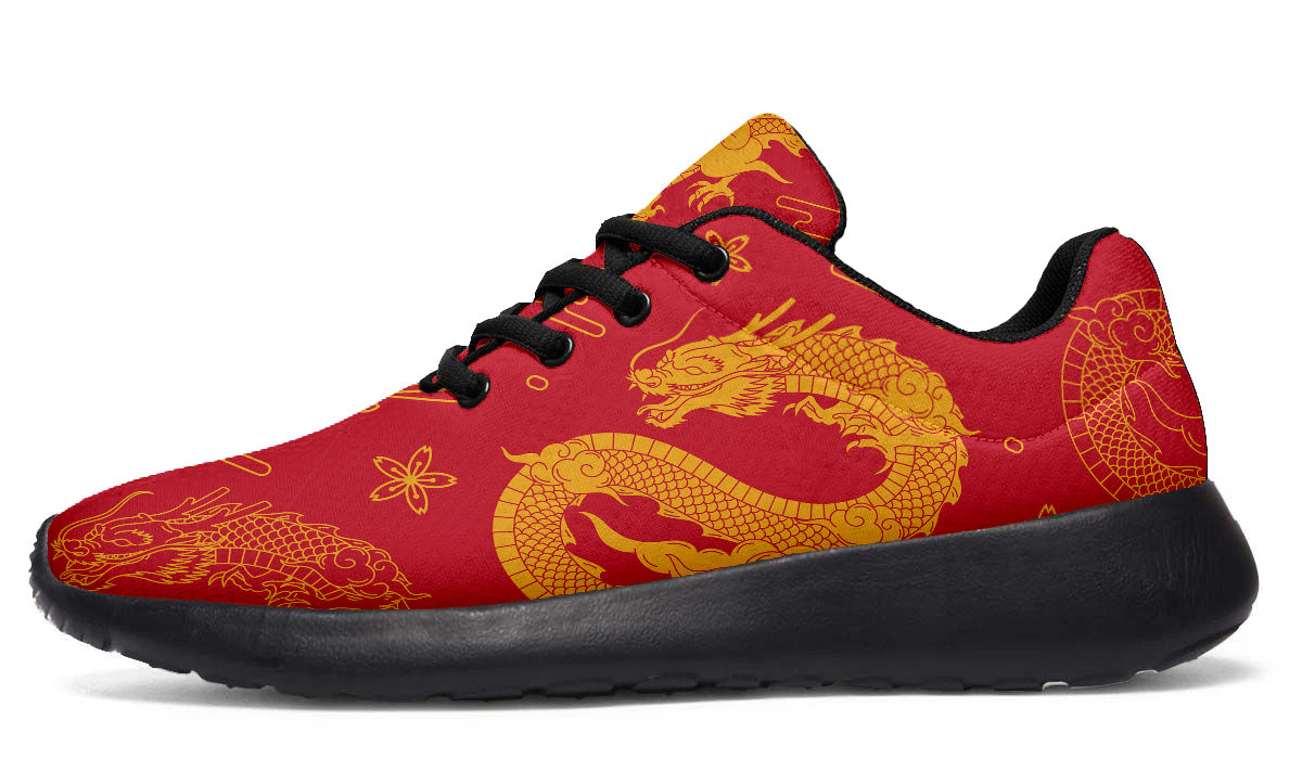 Red sport shoes featuring traditional golden Chinese dragon artwork with decorative cloud and floral pattern details.