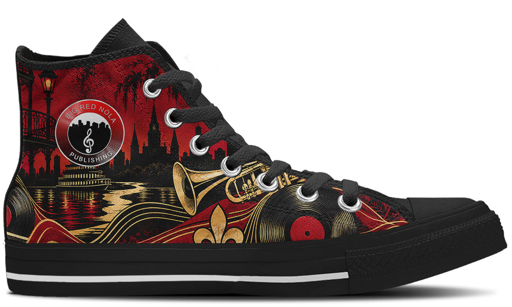 A high-top sneaker featuring a detailed New Orleans-themed graphic print in red, black, and gold. The design includes a brass instrument, a fleur-de-lis, vinyl records, and a circular logo for 'Red Nova Publishing'.