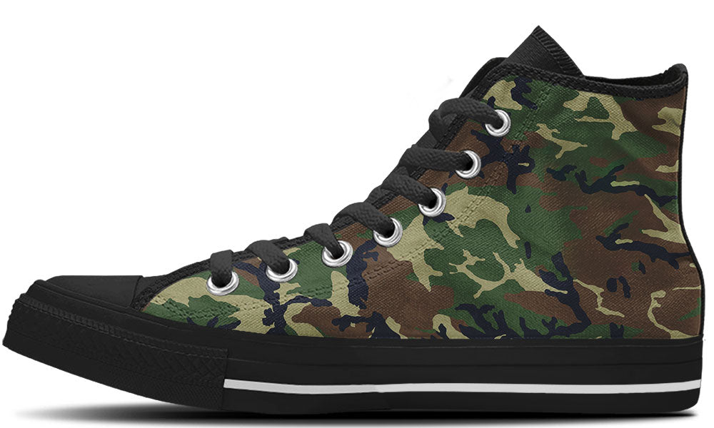 Camouflage high-top sneaker with black accents on a white background