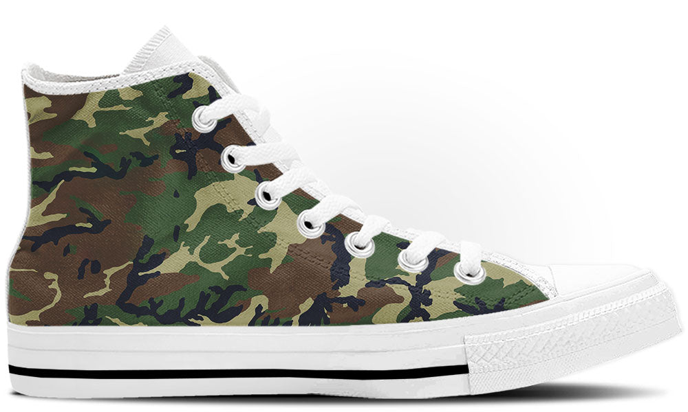 Camouflage-patterned sneaker with white laces on a white background