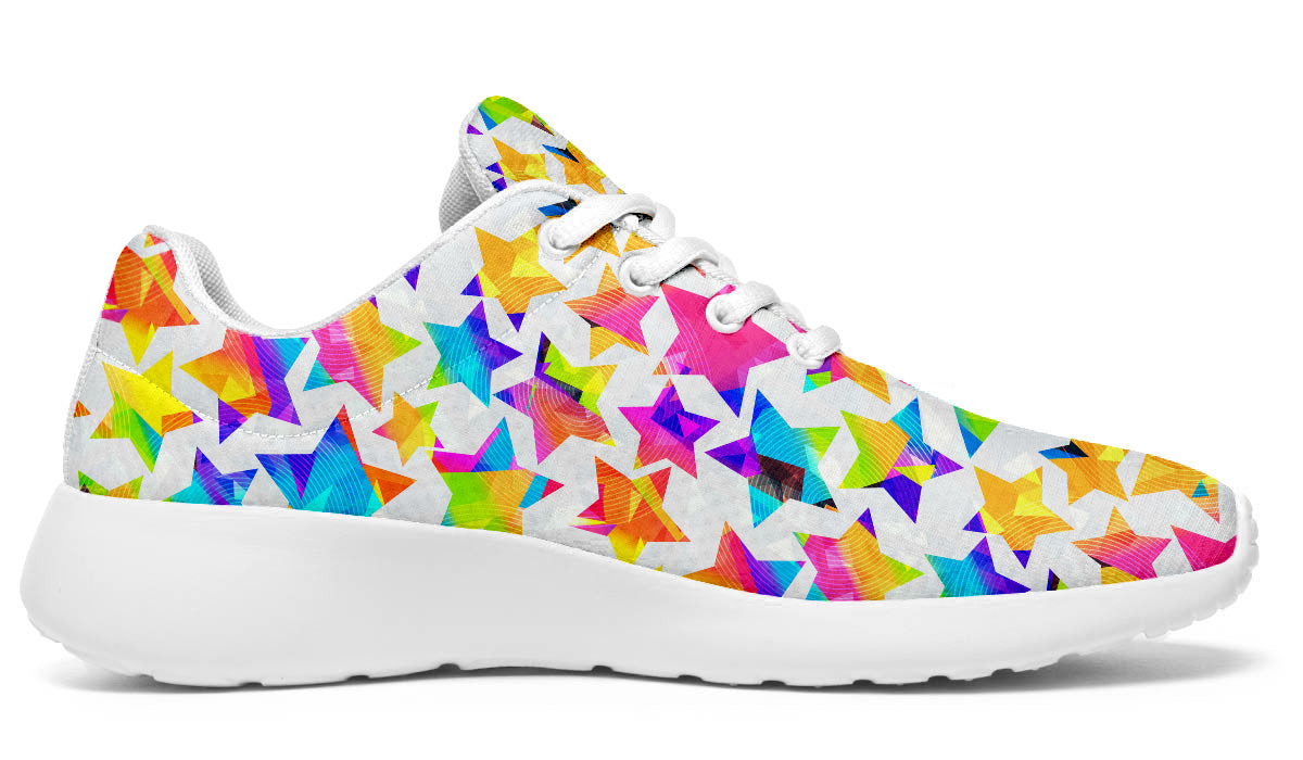 Sport shoes featuring colorful multicolor star patterns on a white background with bright geometric artwork.