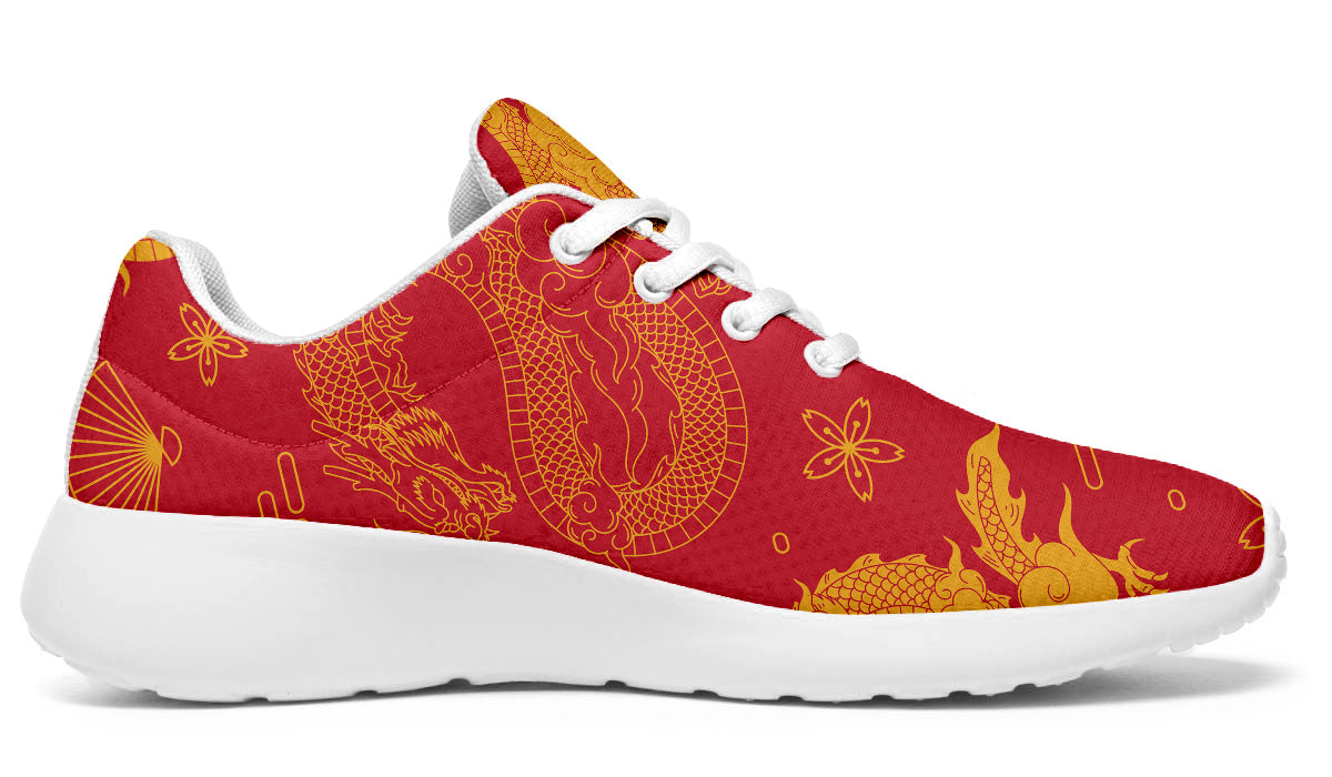 Red sport shoes featuring traditional golden Chinese dragon artwork with decorative cloud and floral pattern details.