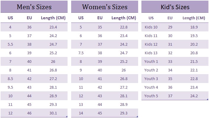 Size chart comparing Men's, Women's, and Kids' clothing sizes with corresponding lengths in centimeters.
