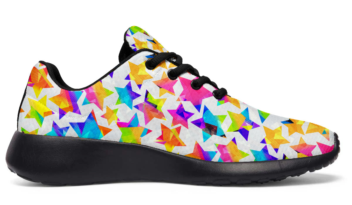 Sport shoes featuring colorful multicolor star patterns on a white background with bright geometric artwork.