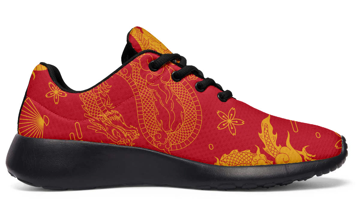 Red sport shoes featuring traditional golden Chinese dragon artwork with decorative cloud and floral pattern details.