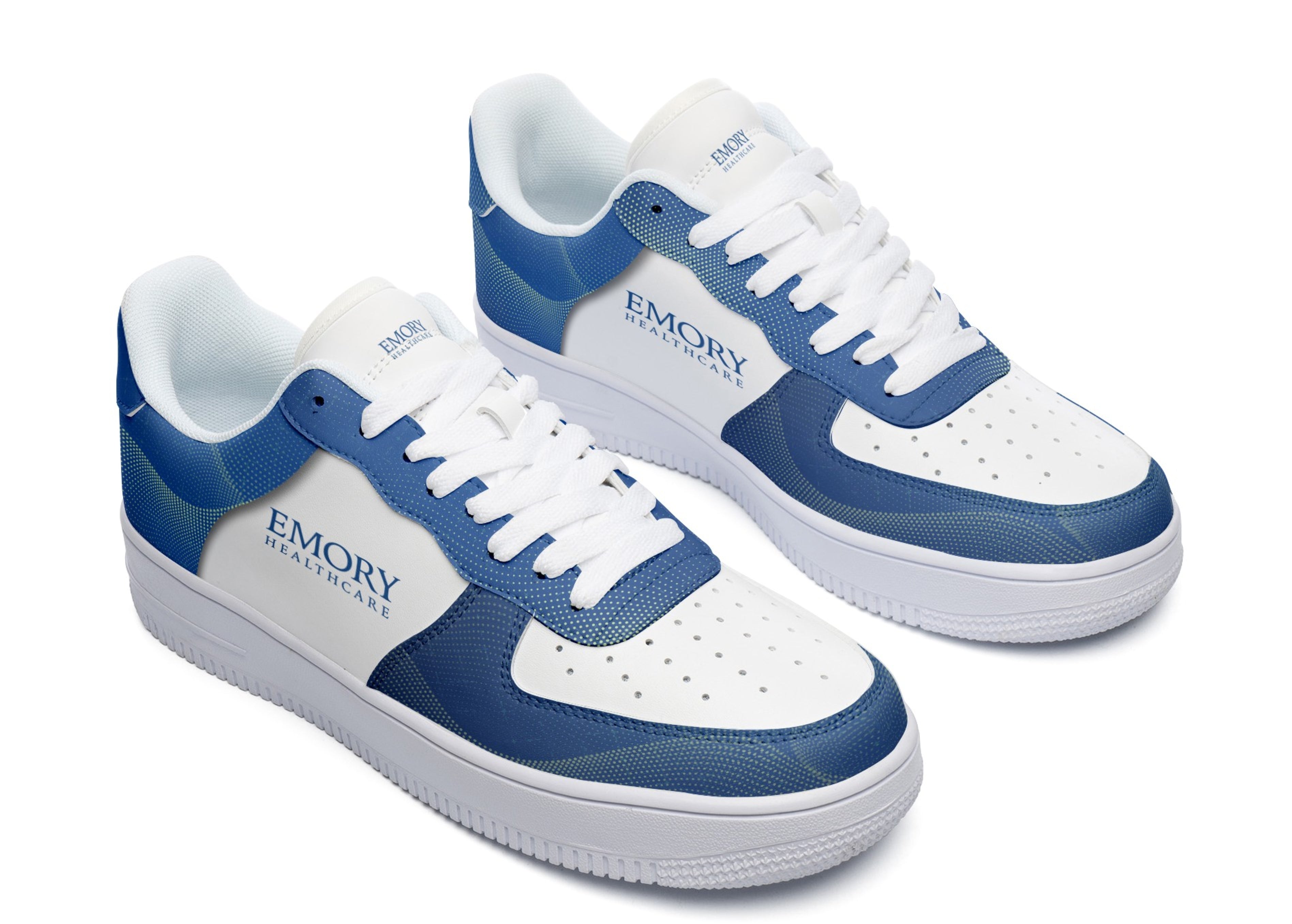 Emory Healthcare blue and white custom court sneakers