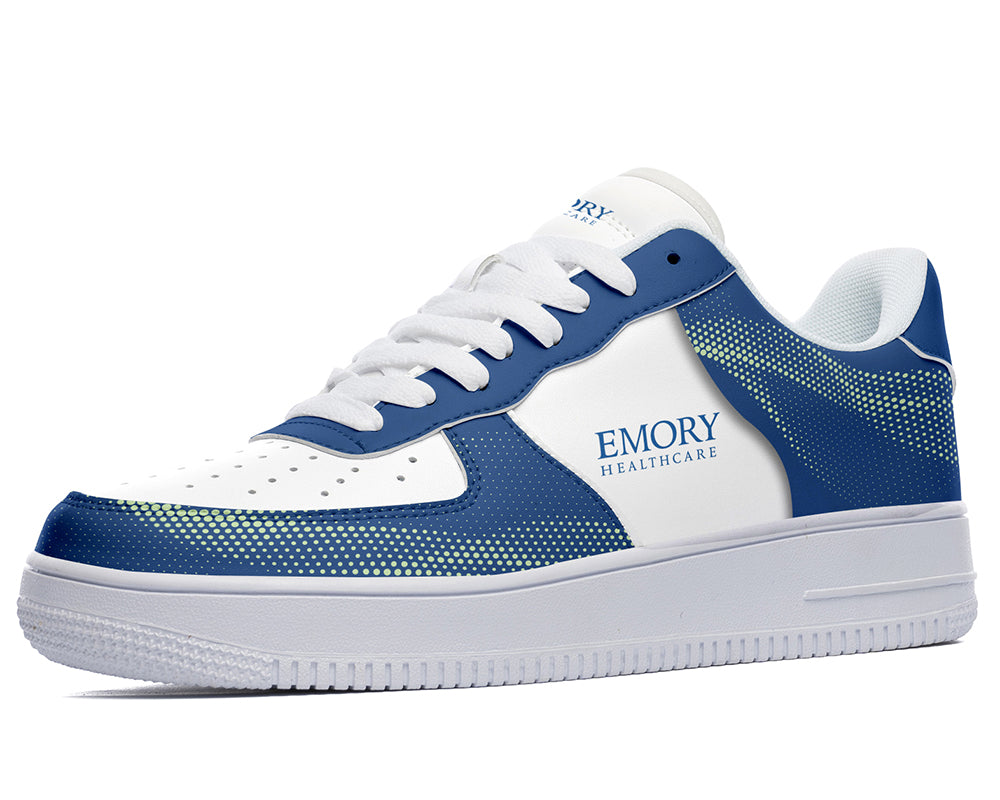 Emory Healthcare navy and white custom court sneakers
